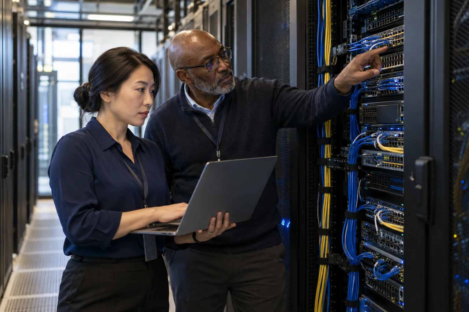 Infrastructure engineers inspecting server racks and network hardware