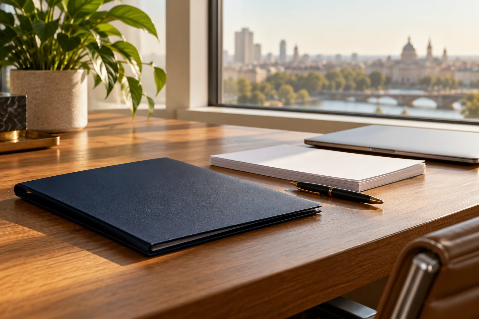 A carefully arranged folder, notebook, and laptop on an office desk