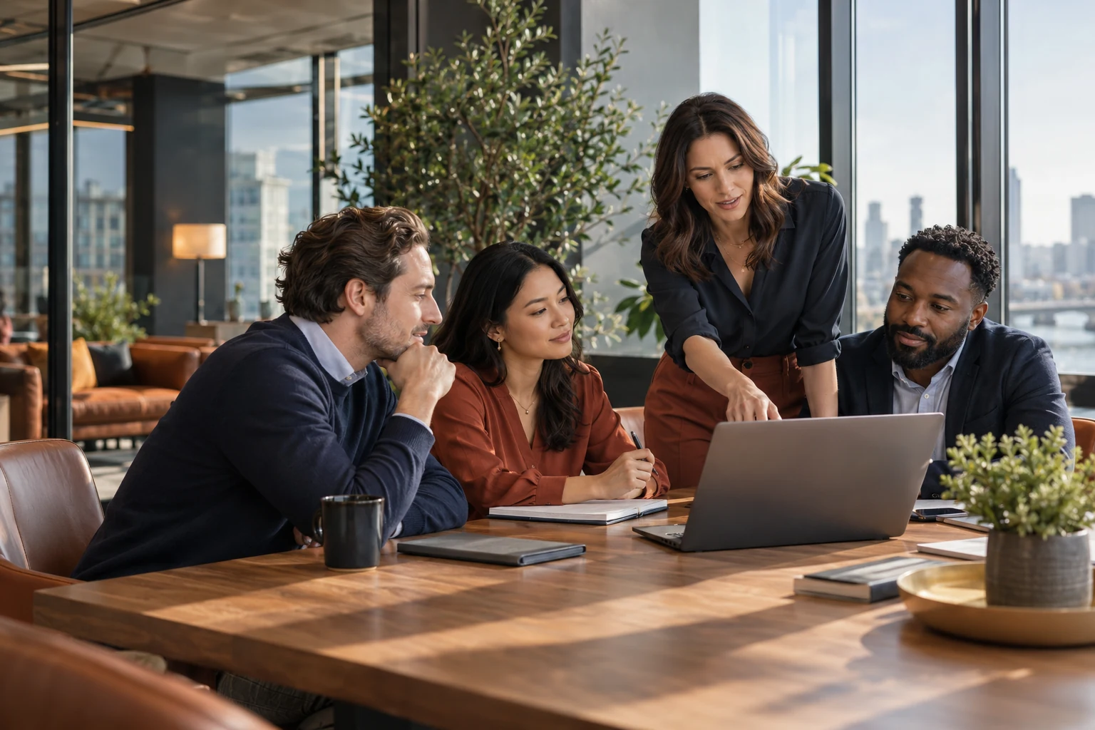 Professionals collaborating on a technology project in a bright office